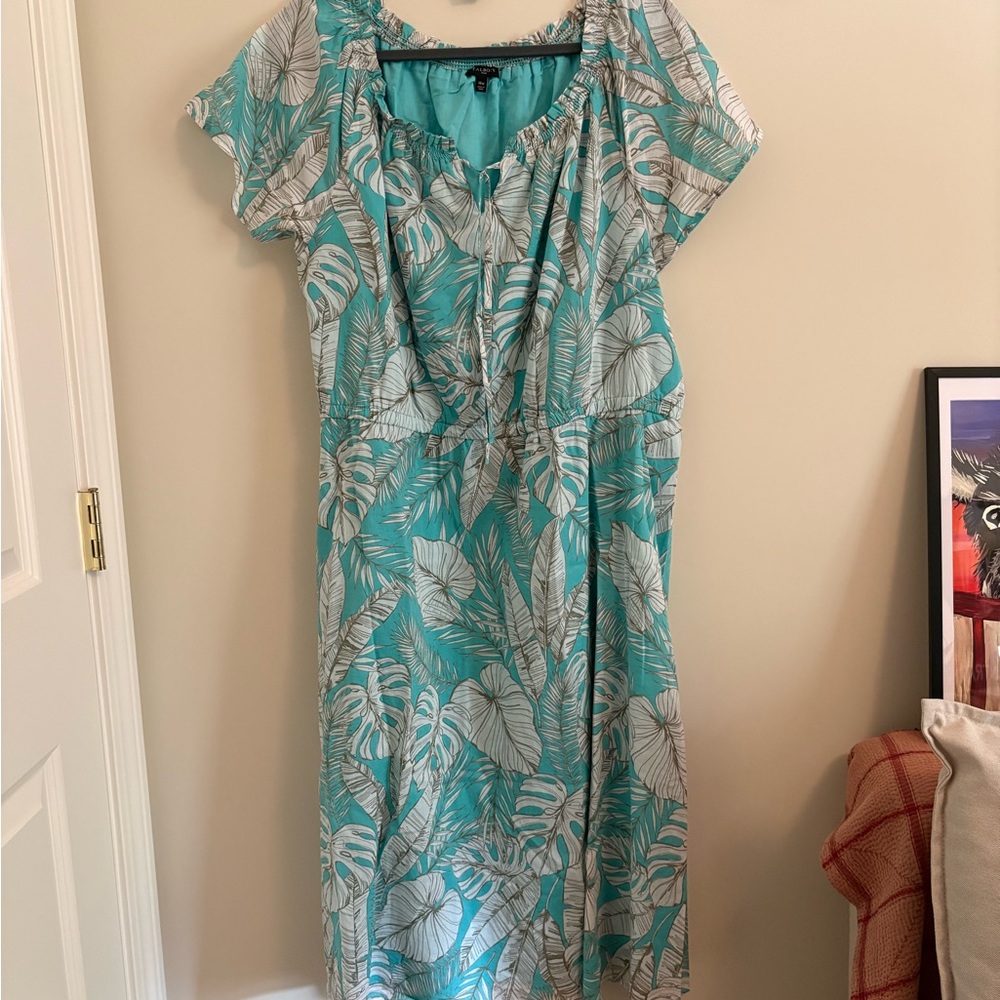 Talbots Teal and White Leaf Print Midi Dress